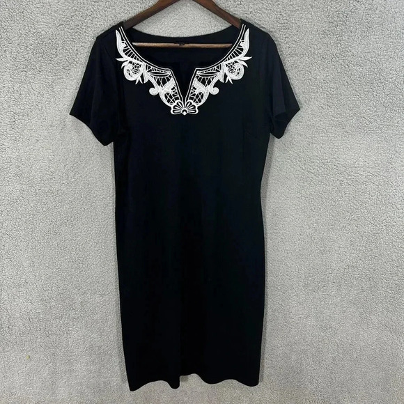 Talbots Shift Dress Women Large Black Short Sleeve Embroidered V Neck Minimalist - Picture 1 of 7